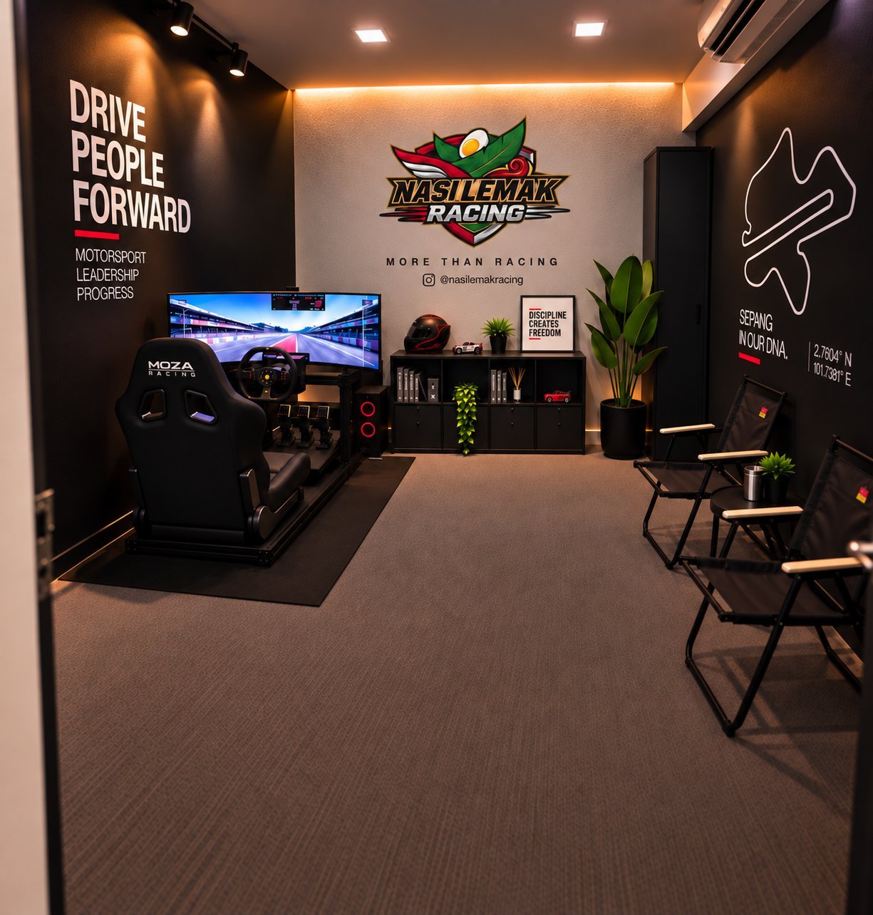 The Nasi Lemak Racing sim studio, with a racing rig, the crest on the wall and the Sepang circuit outline